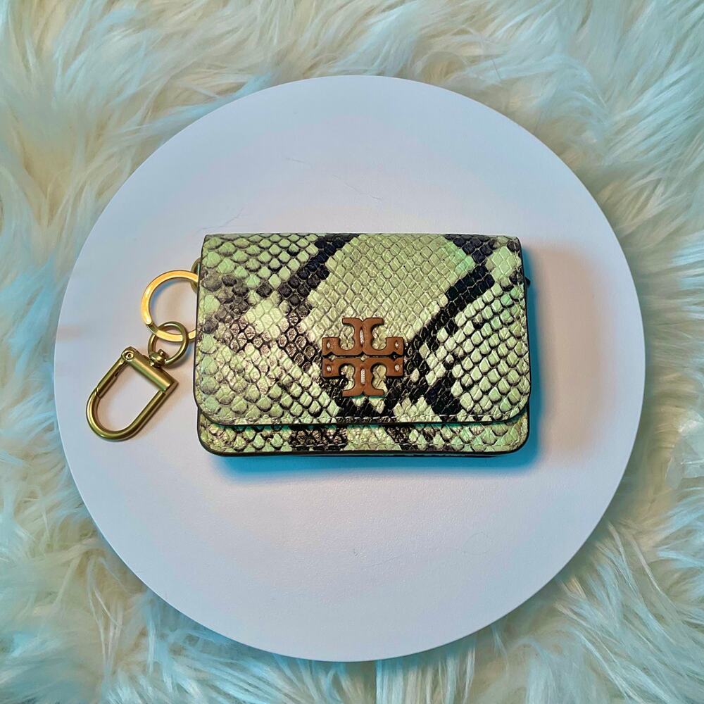 NEW $198 Tory Burch Flap Card Case Wallet Snake Python Animal Exotic Mint Green - Picture 3 of 6